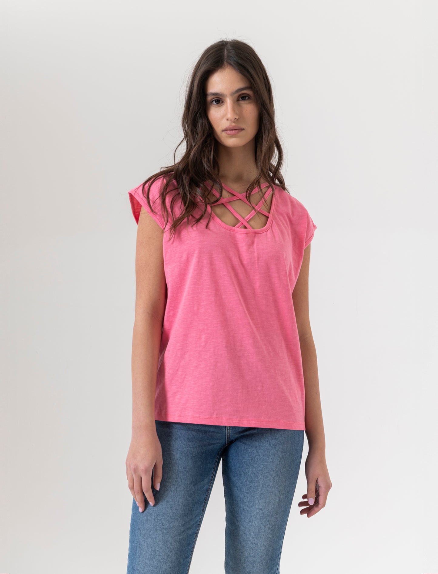 Cross Neck Cap Sleeve T-Shirt for Women - Red