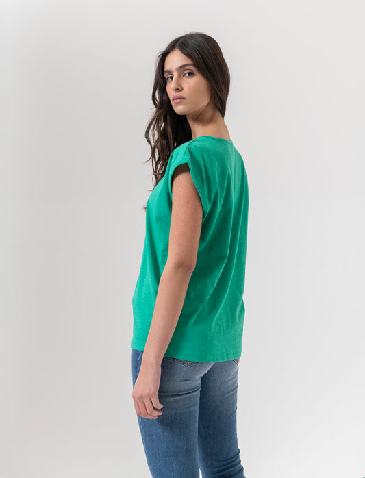 Cross Neck Cap Sleeve T-Shirt for Women - Green