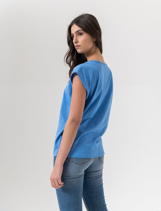 Cross Neck Cap Sleeve T-Shirt for Women - Blue