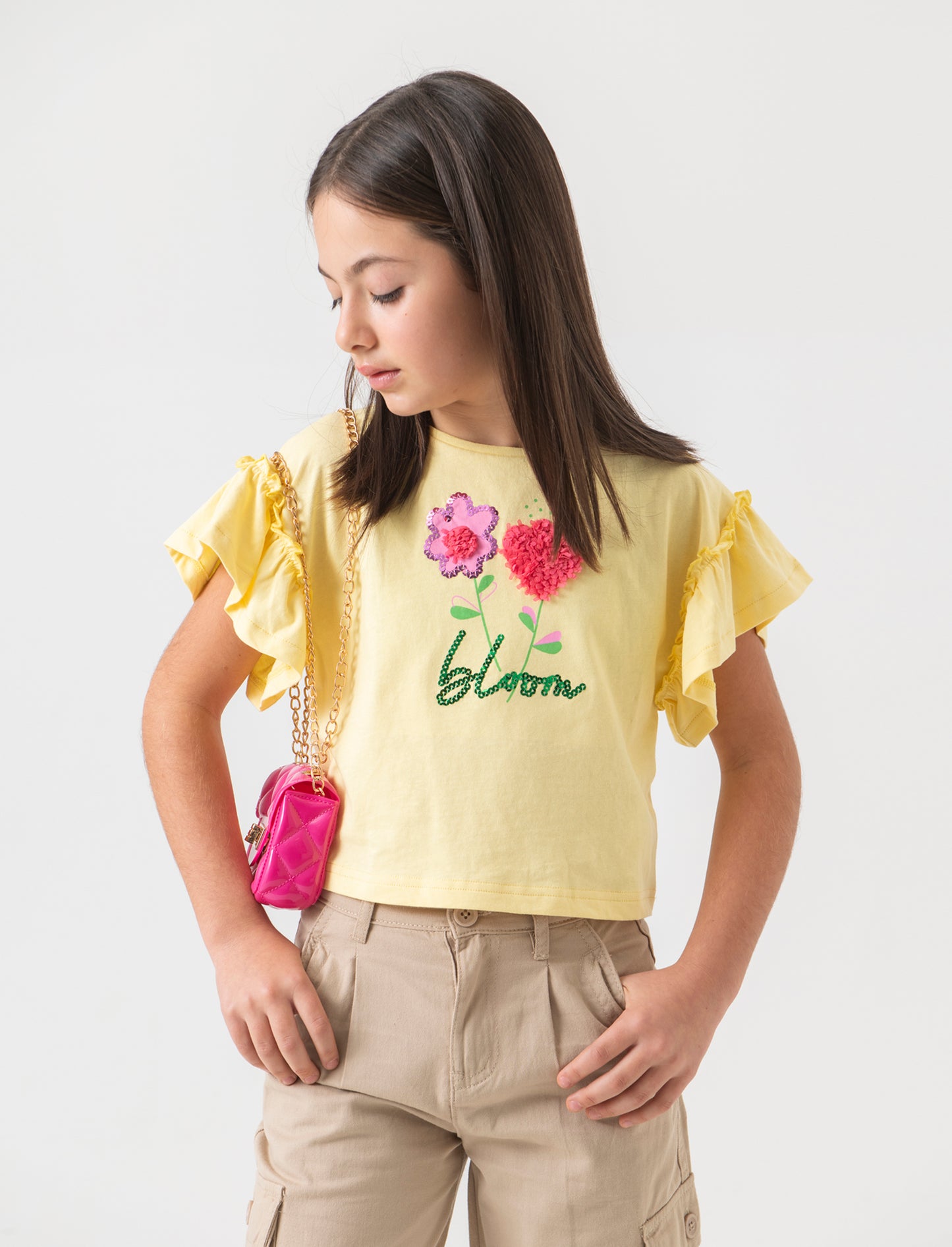 T-shirt con maniche a balze da bambina - Giallo