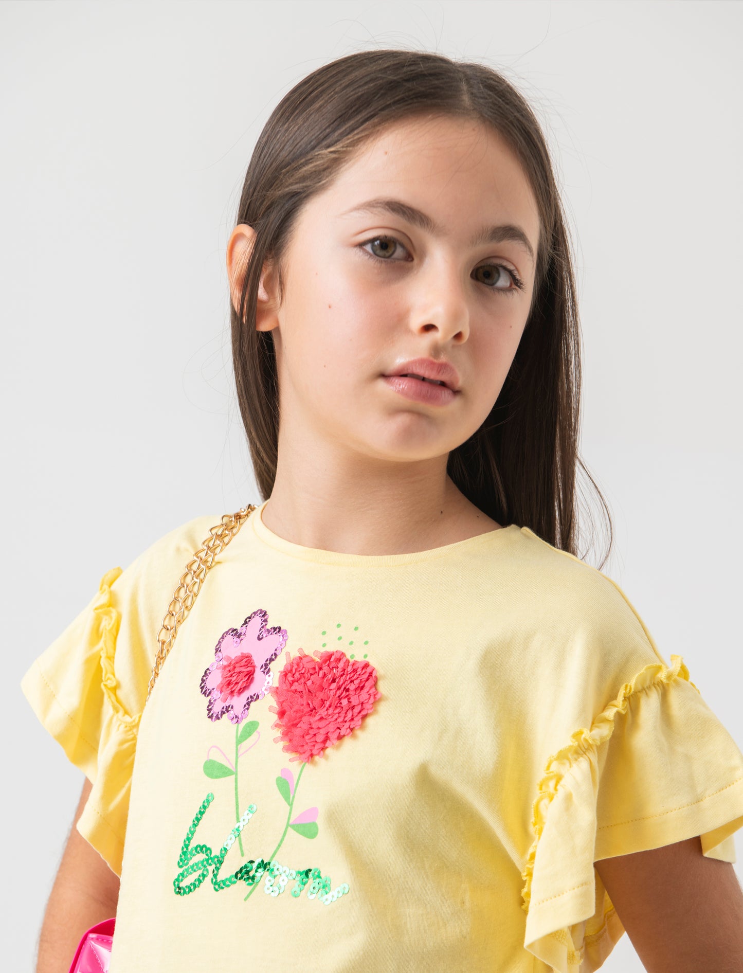 T-shirt con maniche a balze da bambina - Giallo