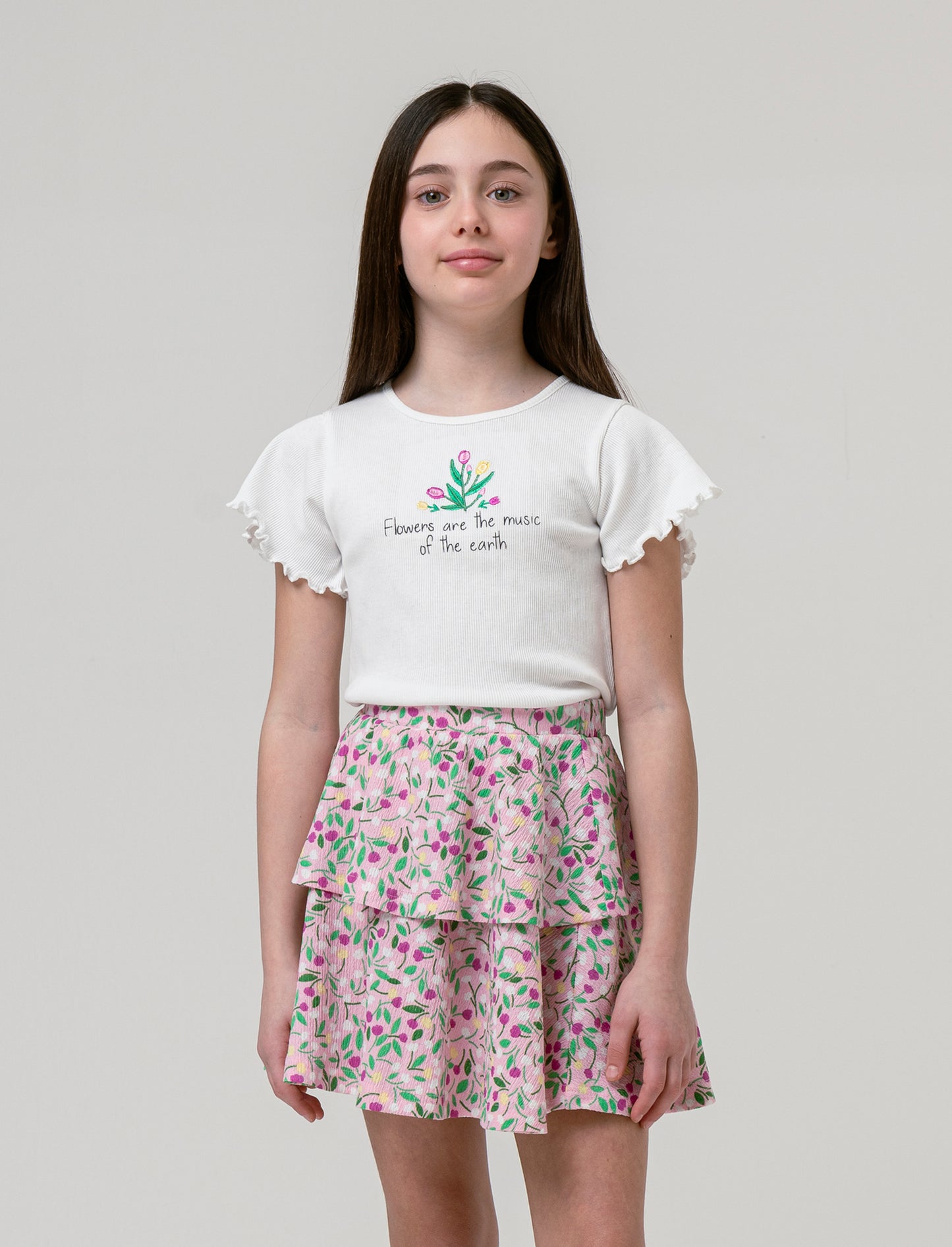 Completo top e gonnellina a balze da bambina - Bianco-rosa