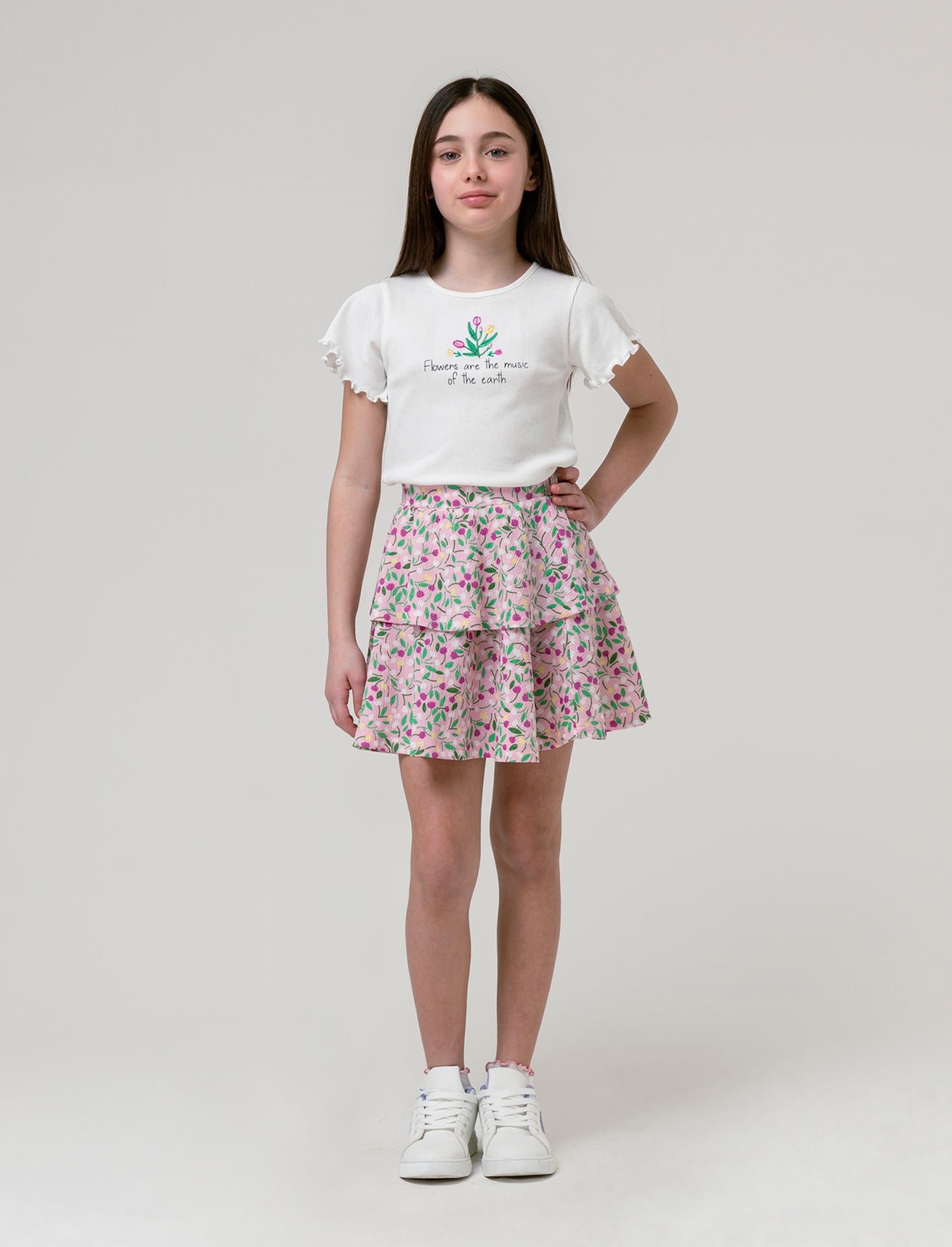 Completo top e gonnellina a balze da bambina - Bianco-rosa