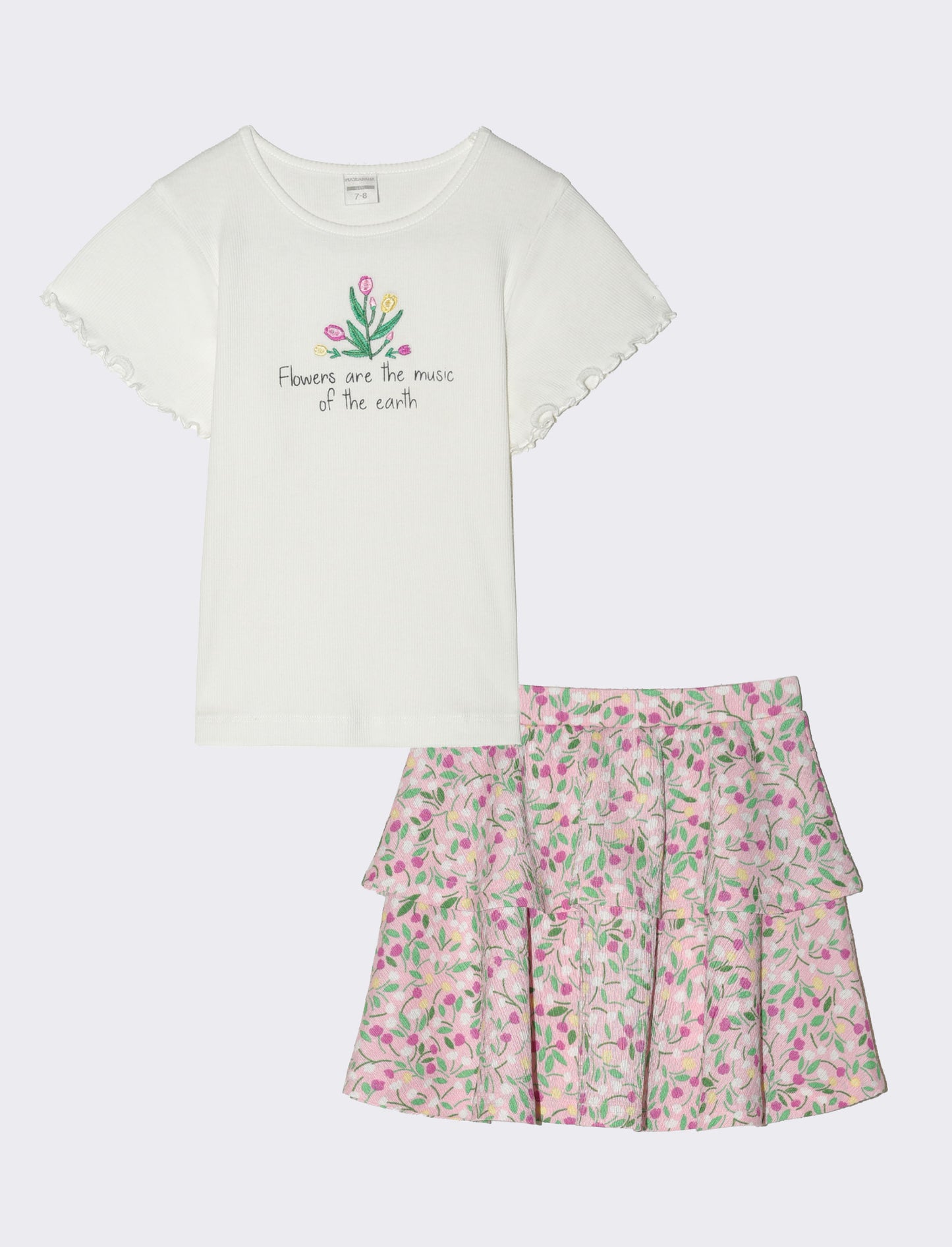 Completo top e gonnellina a balze da bambina - Bianco-rosa