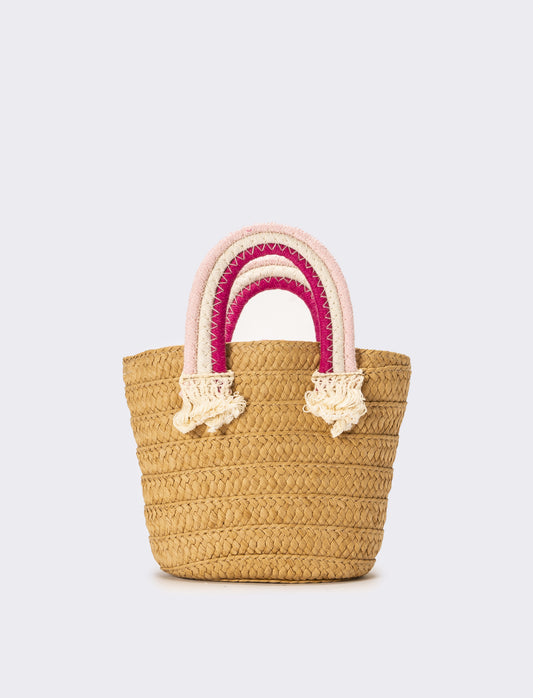 Borsa bambina paglia manico rainbow - Bianco