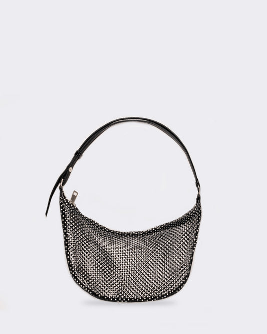 Borsa donna mezzaluna con strass - Nero