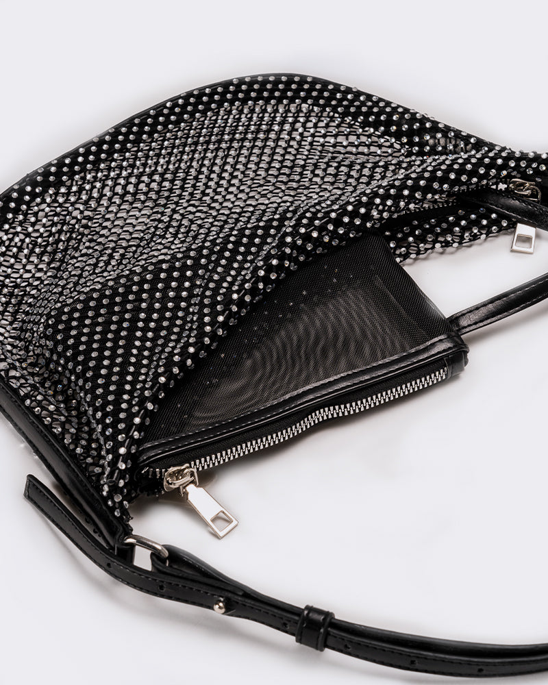 Borsa donna mezzaluna con strass - Nero