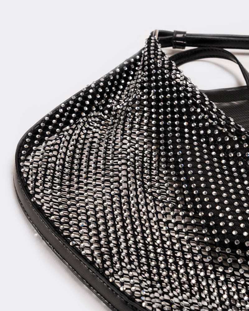 Borsa donna mezzaluna con strass - Nero