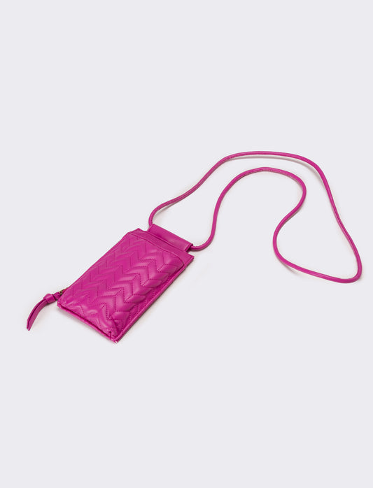 Portacarte donna portacellulare trapuntato con laccio - Fuxia