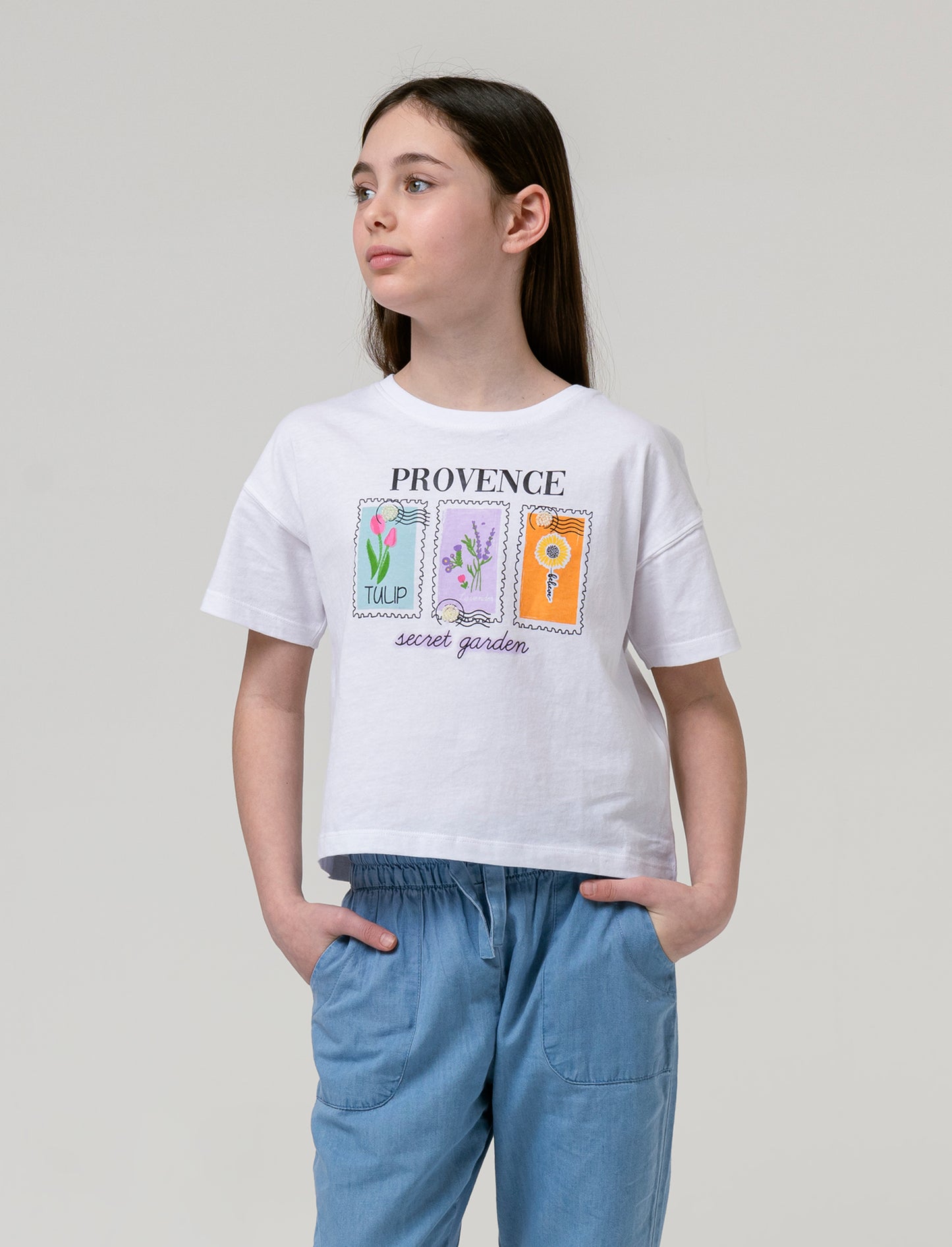 T-shirt mezza manica girocollo da bambina - Bianco latte