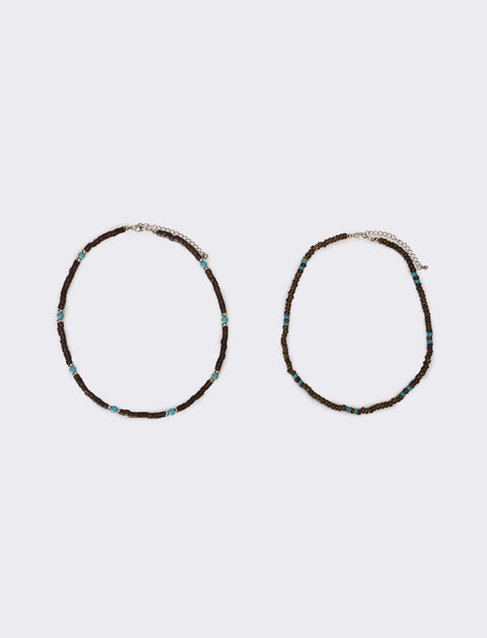 Collana uomo due fili con legno e turchese - Marrone