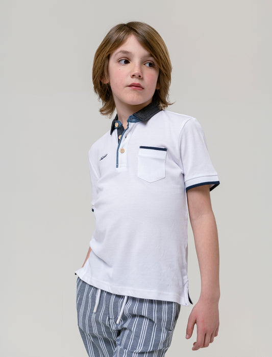 Polo in piquet collo chambray da bambino - Bianco