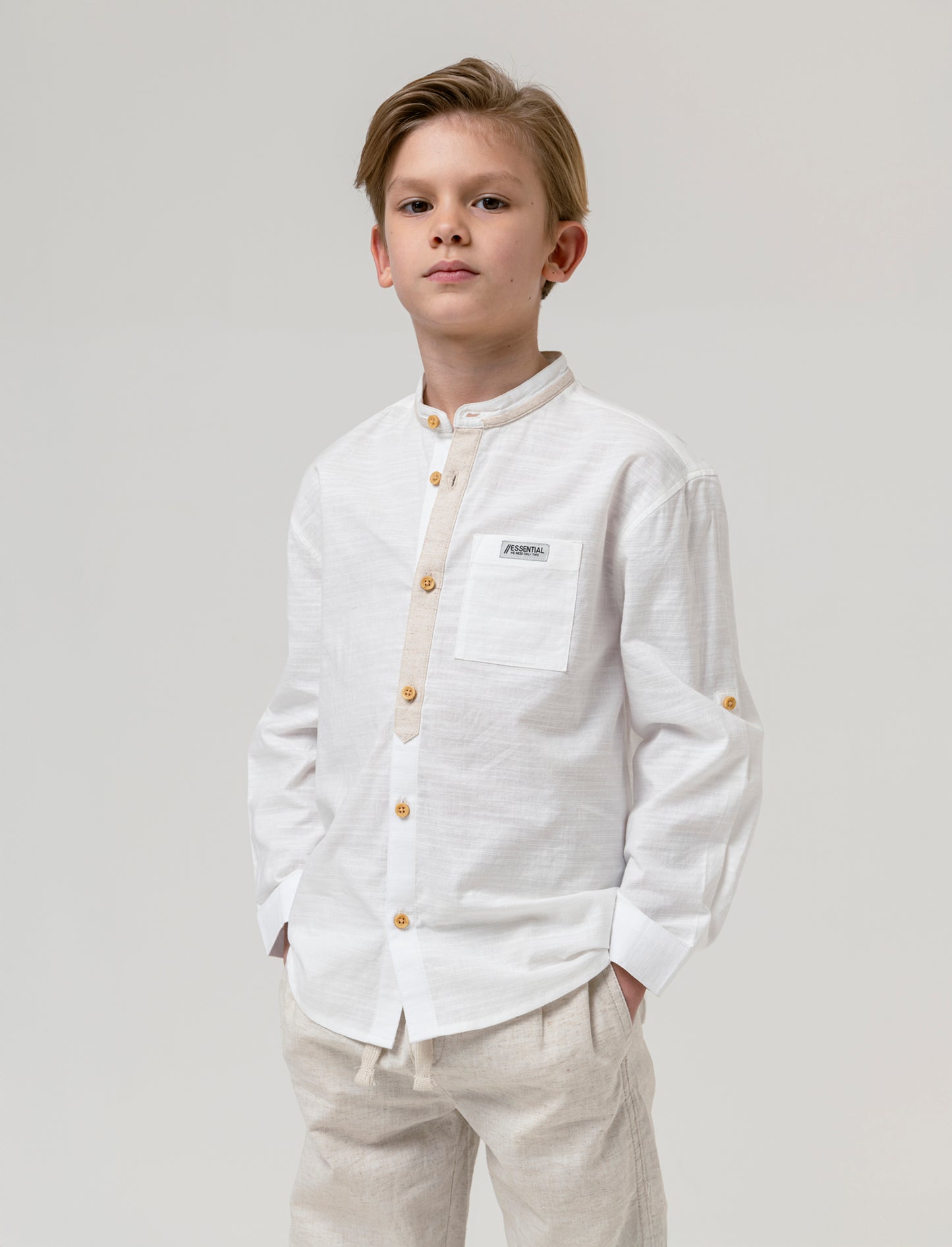Camicia con profili in misto lino da bambino - Bianco latte