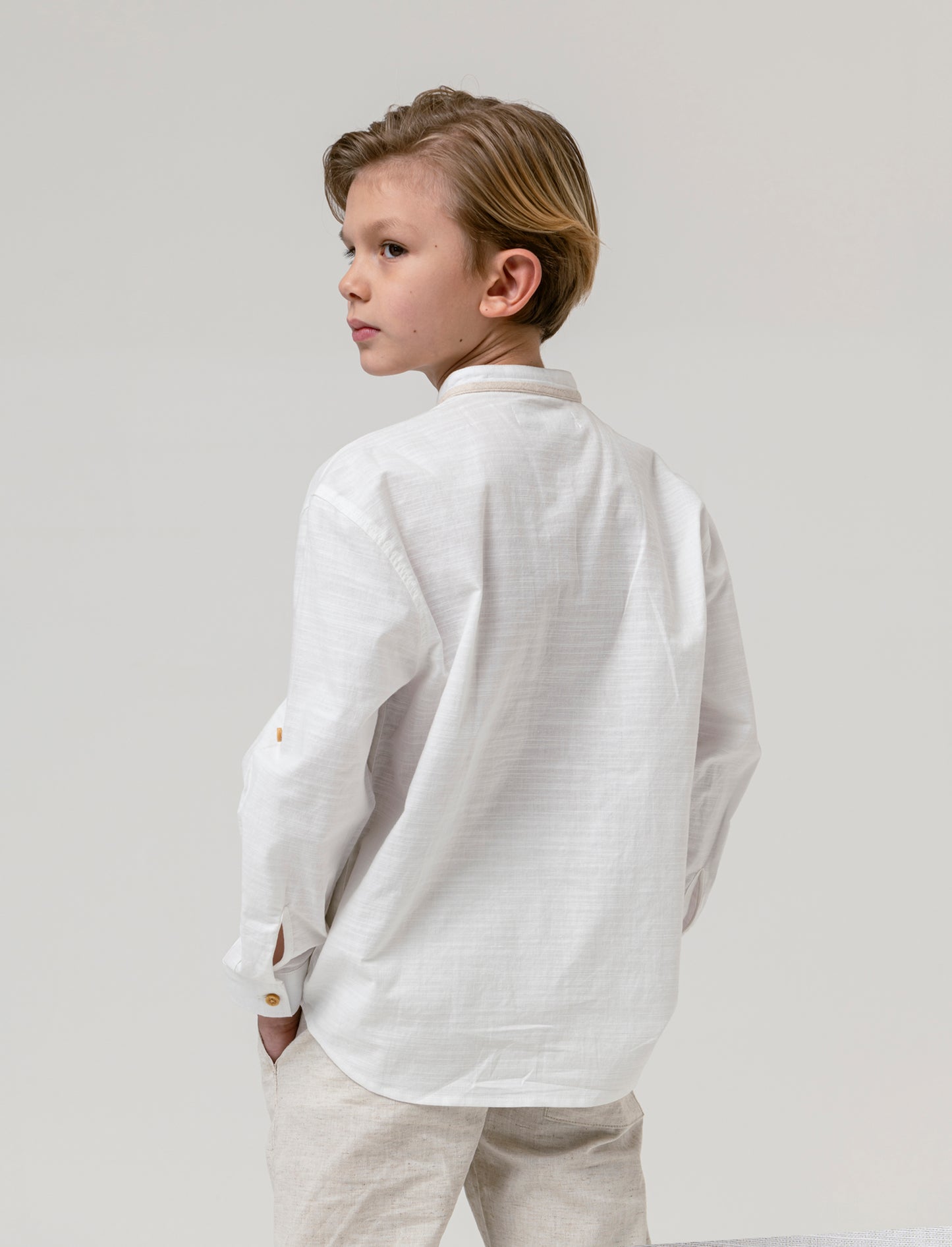 Camicia con profili in misto lino da bambino - Bianco latte