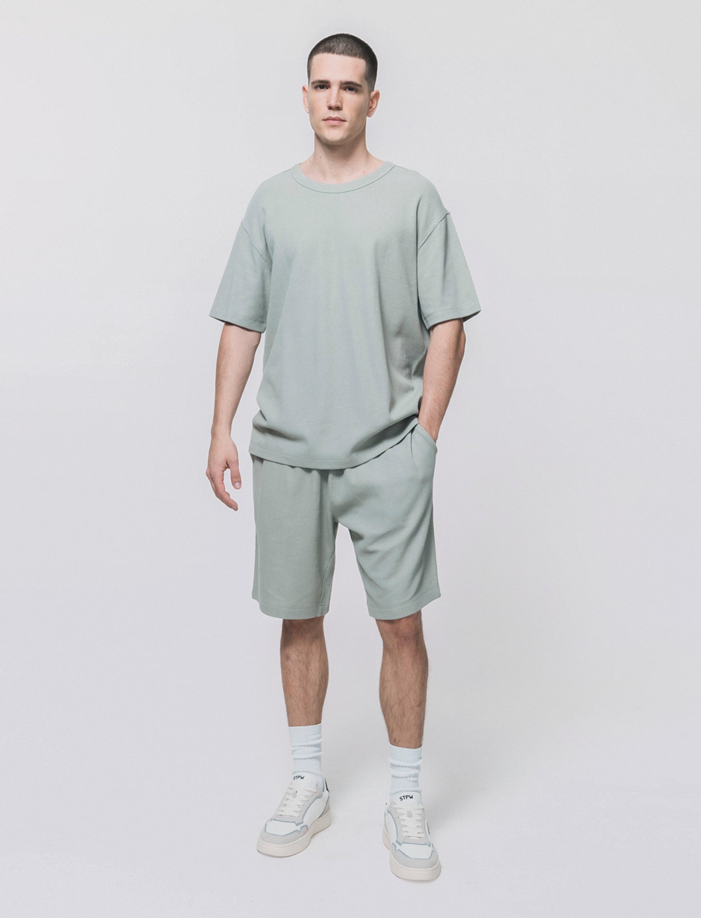 T-shirt girocollo in cotone a coste - Verde