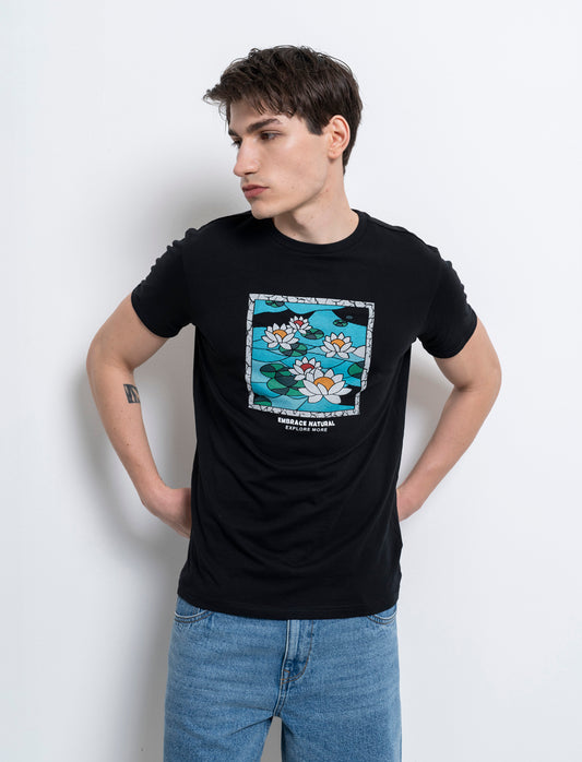 T-shirt con stampa effetto ricamo da uomo - Nero