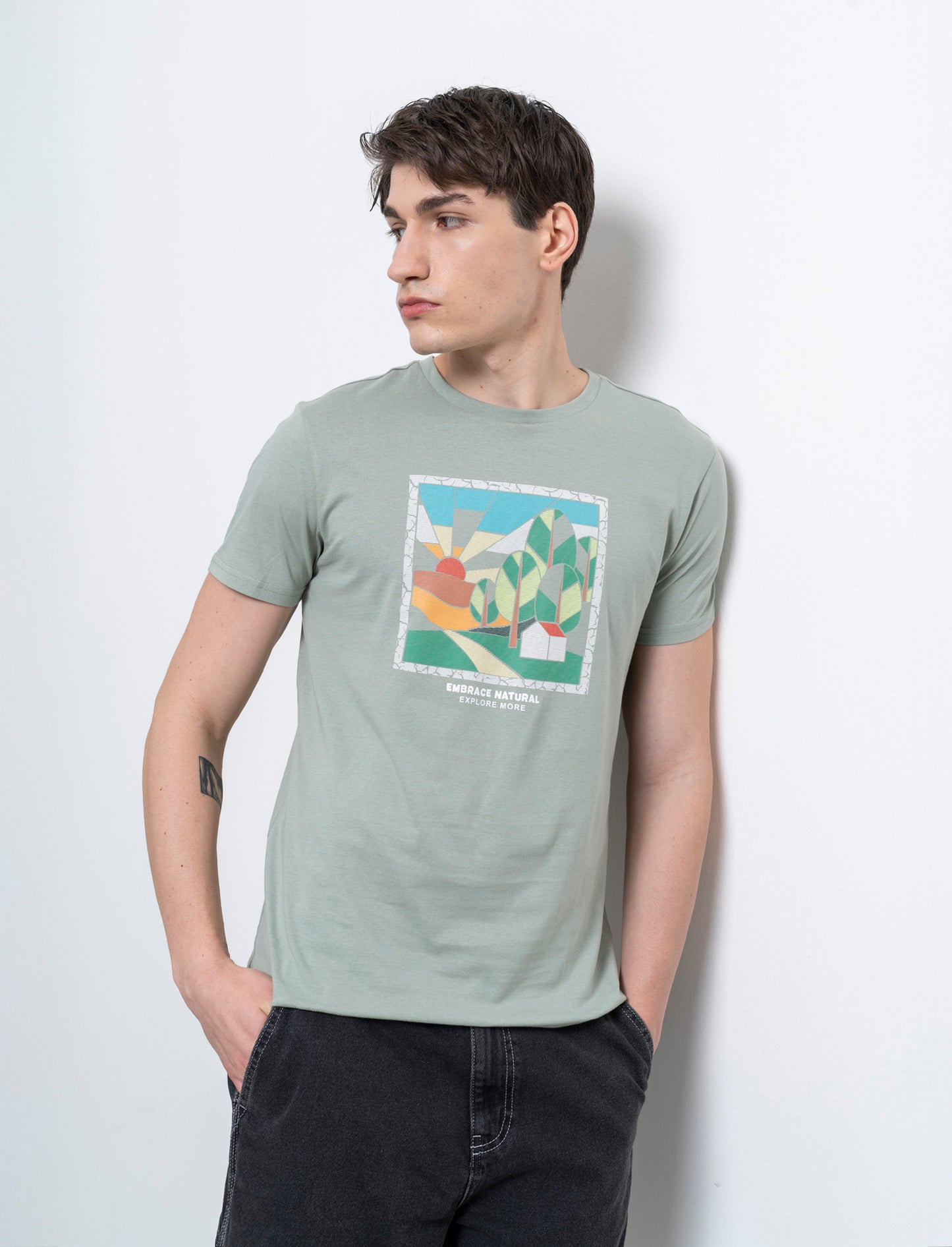 T-shirt con stampa effetto ricamo da uomo - Verde