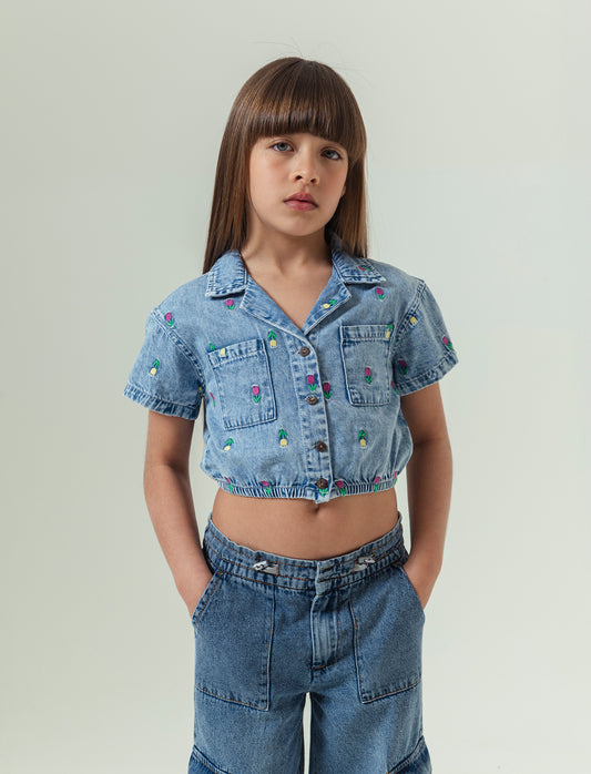 Camicia mezza manica in chambray da bambina - Denim chiaro