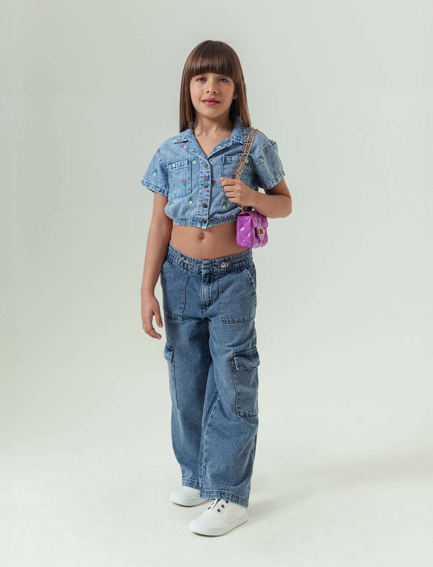 Camicia mezza manica in chambray da bambina - Denim chiaro