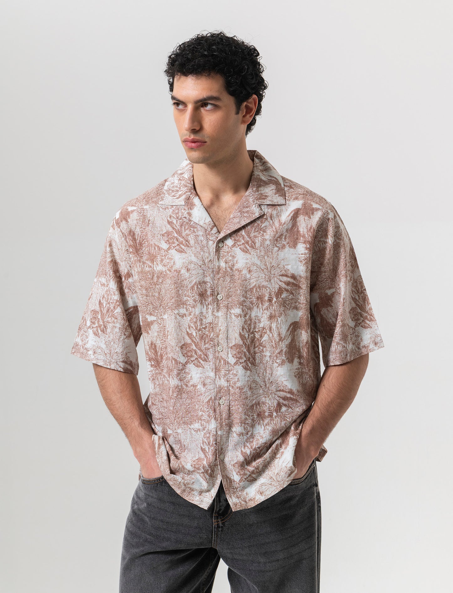 Camicia a fantasia in misto cotone slub da uomo - Beige