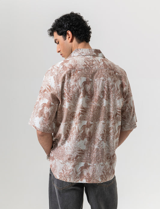 Man's printed slub cotton blend shirt - Beige