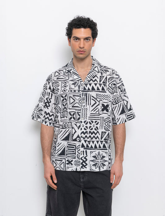 Man's printed slub cotton blend shirt - White