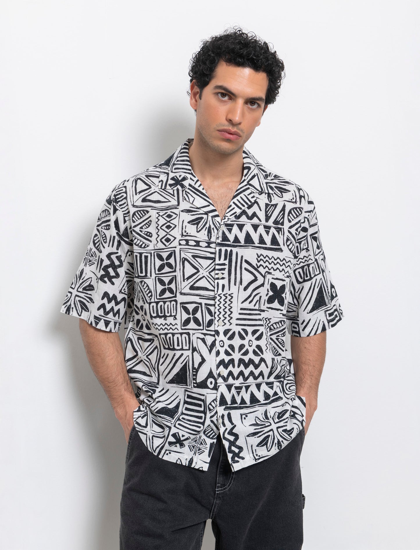 Camicia a fantasia in misto cotone slub da uomo - Bianco