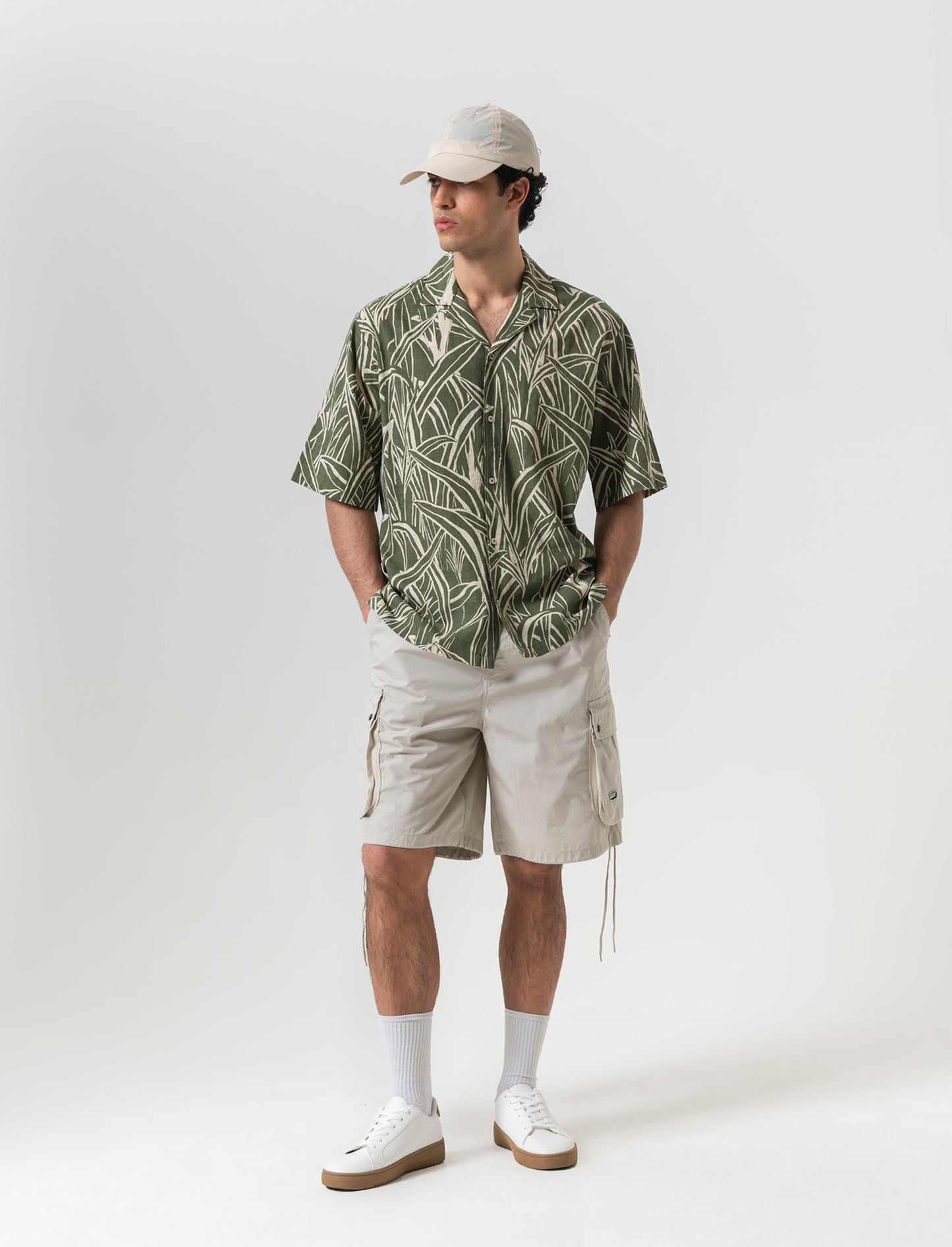 Camicia a fantasia in misto cotone slub da uomo - Verde