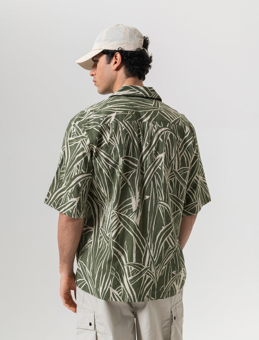 Man's printed slub cotton blend shirt - Green