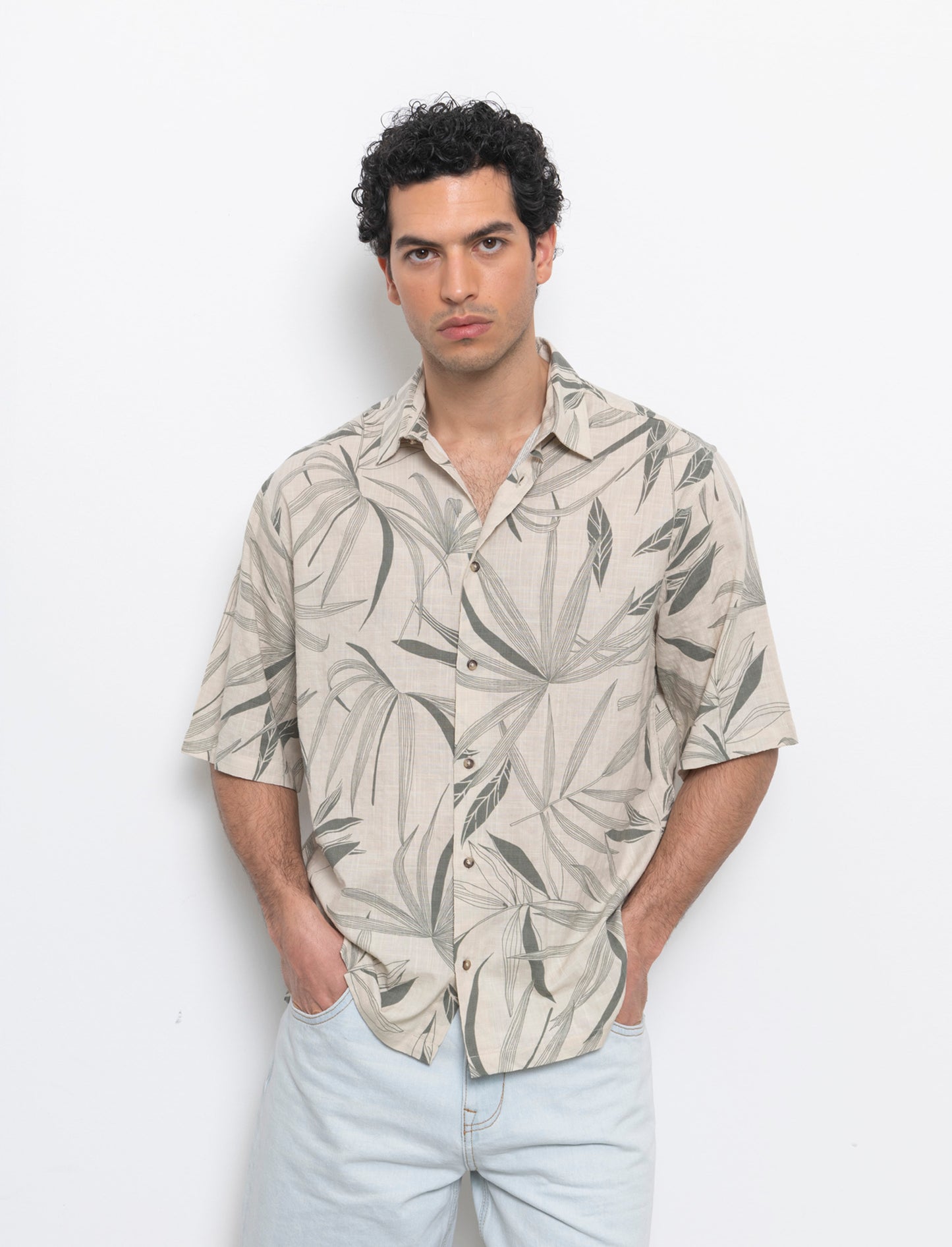 Camicia a fantasia in misto cotone slub da uomo - Beige