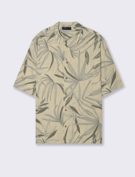 Man's printed slub cotton blend shirt - Beige