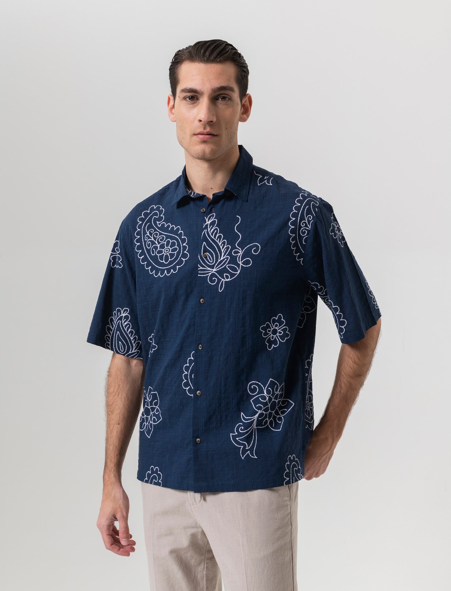 Camicia a fantasia in misto cotone slub da uomo - Blu
