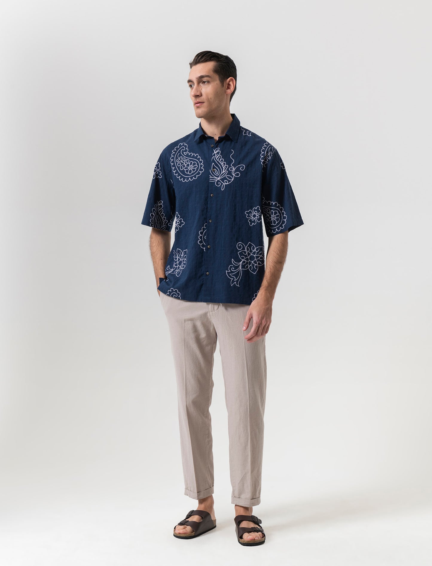 Camicia a fantasia in misto cotone slub da uomo - Blu