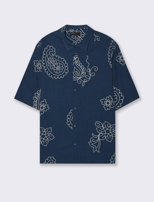 Man's printed slub cotton blend shirt - Blue