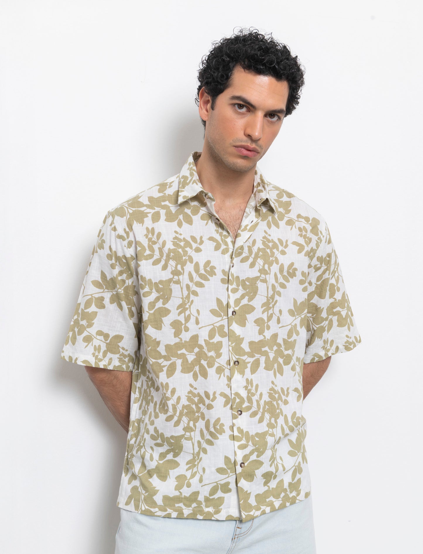 Camicia a fantasia in misto cotone slub da uomo - Bianco