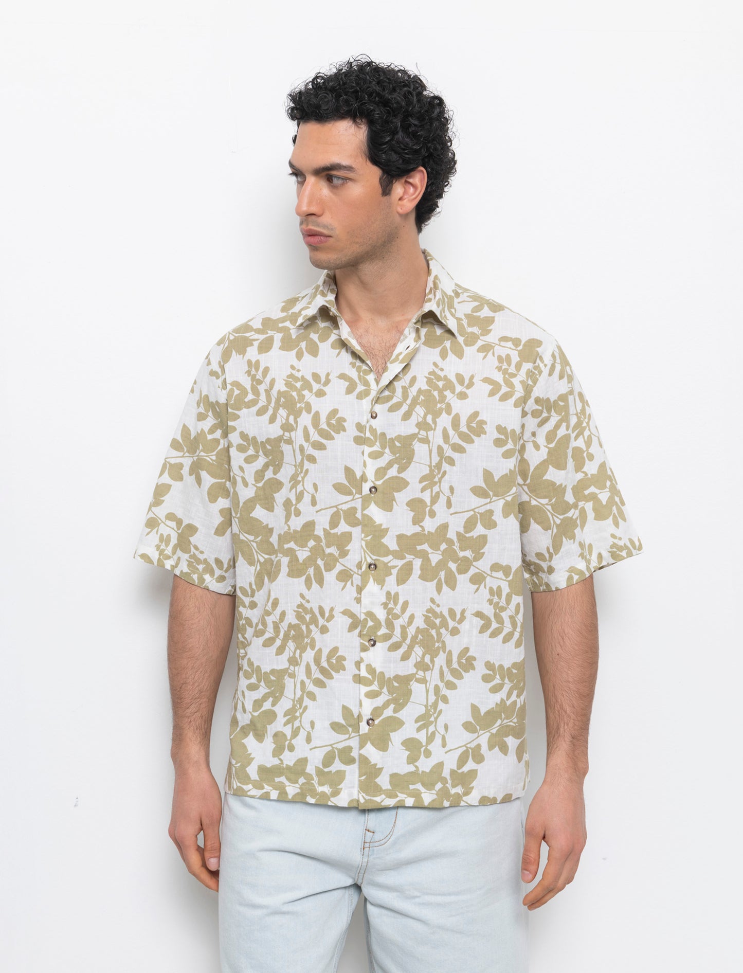 Camicia a fantasia in misto cotone slub da uomo - Bianco