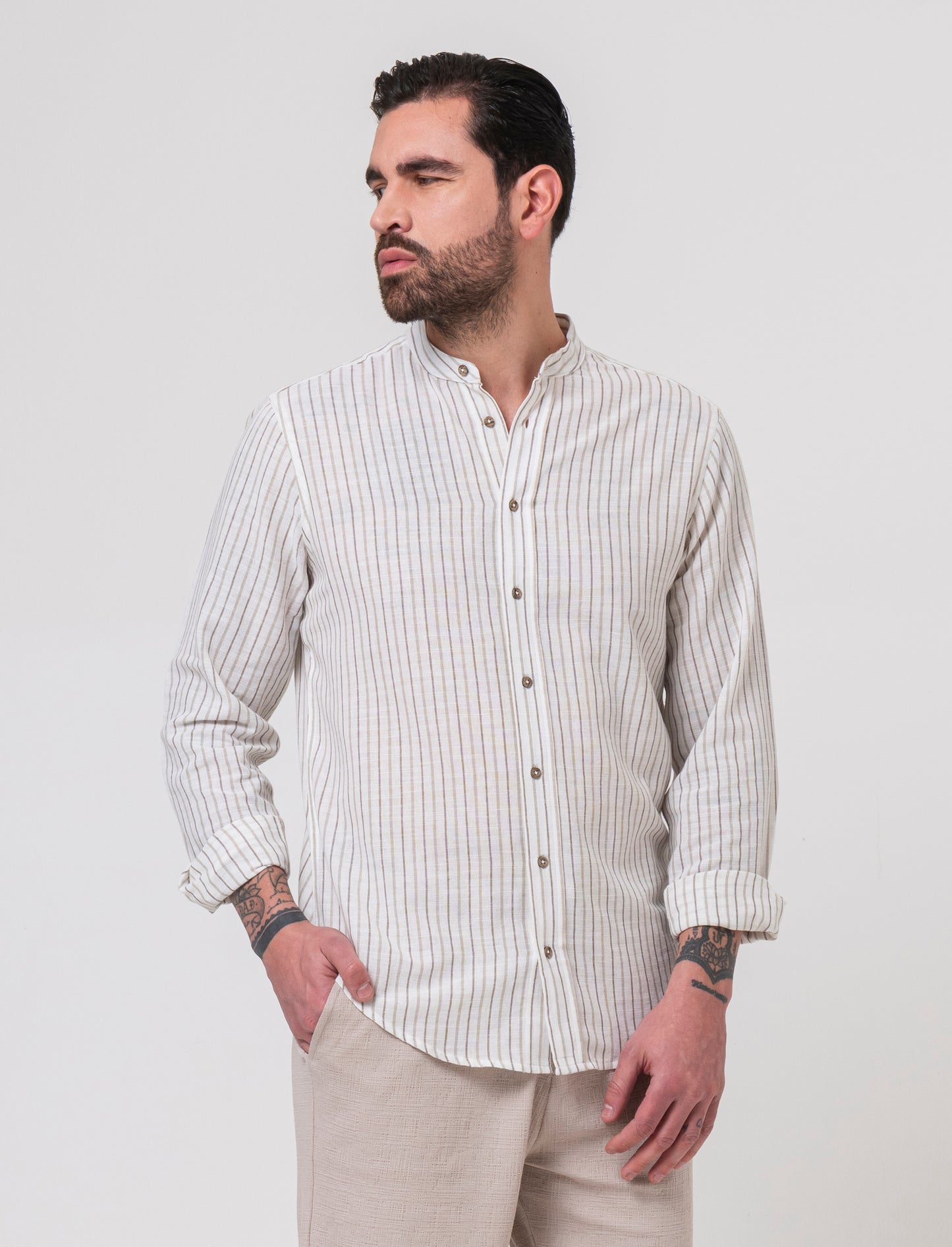 Camicia a righe effetto lino da uomo - Bianco