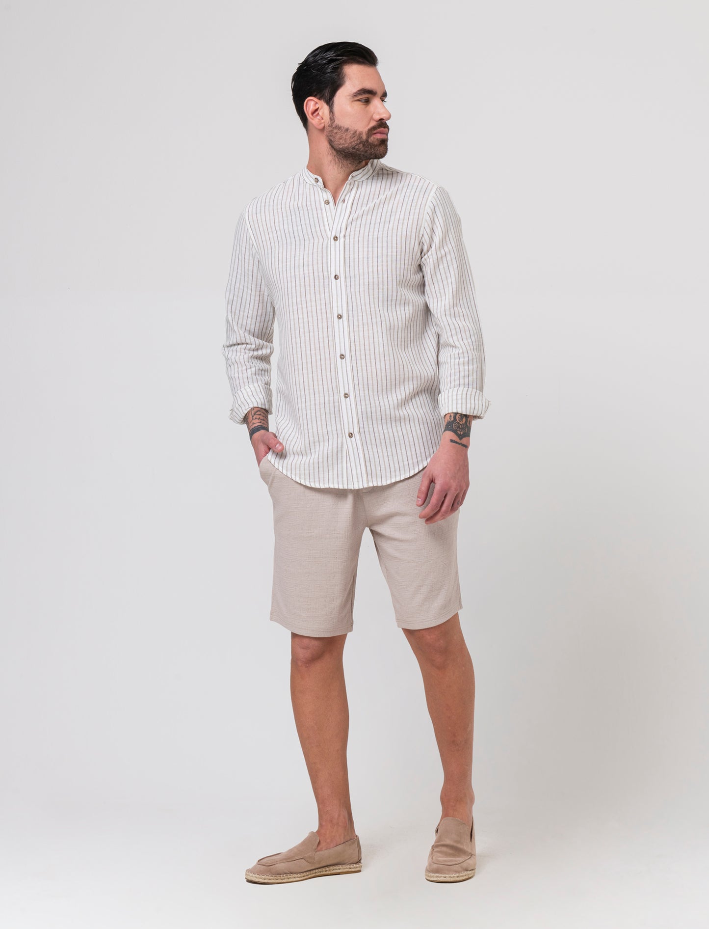 Camicia a righe effetto lino da uomo - Bianco