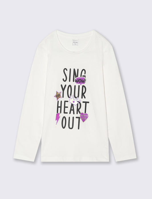 T-shirt manica lunga da bambina in cotone. - Bianco latte