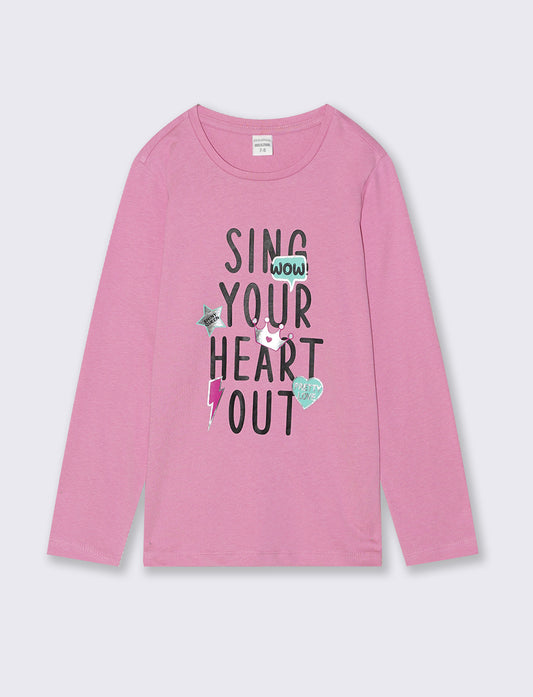 T-shirt manica lunga da bambina in cotone. - Rosa candy