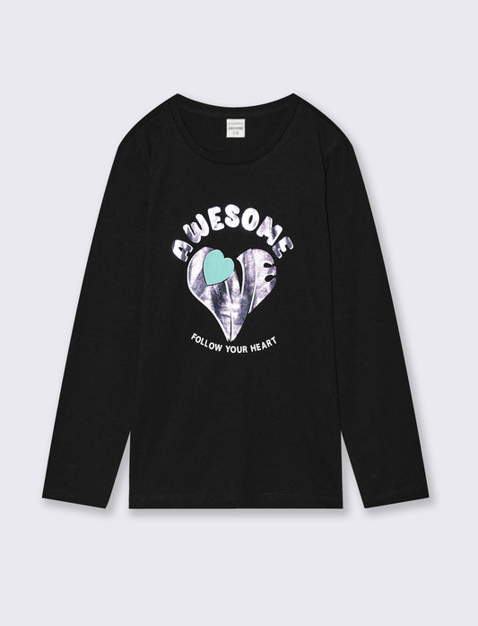 T-shirt manica lunga da bambina in cotone. - Nero