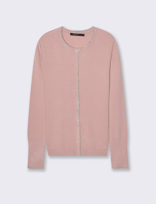 CARDIGAN CON BORDINO IN TESSUTO CON FIBRA EFFETTO METALLO - Rosa antico