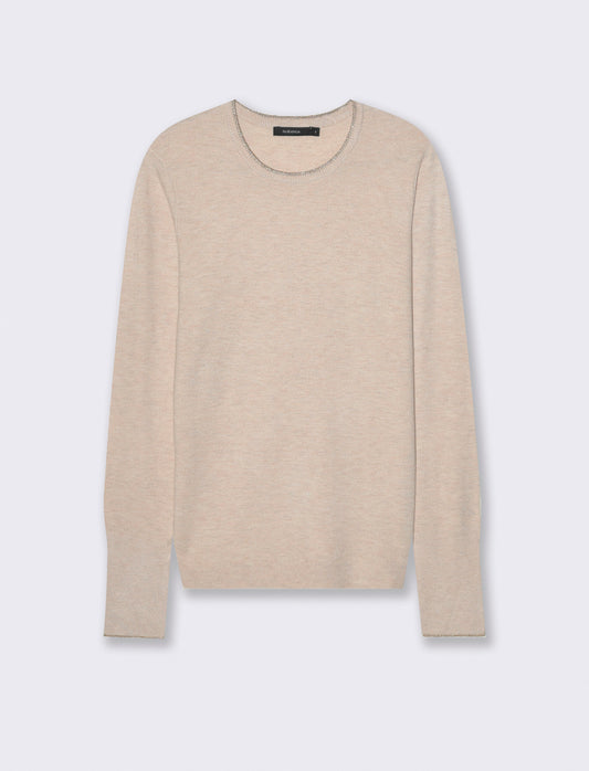 PULLOVER CON BORDINO IN TESSUTO CON FIBRA EFFETTO METALLO - Beige grano
