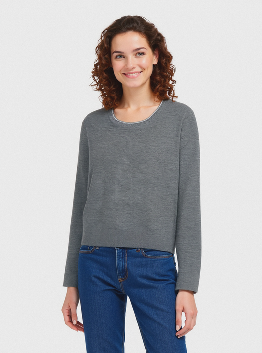 PULLOVER CON BORDINO IN TESSUTO CON FIBRA EFFETTO METALLO - Grigio melange