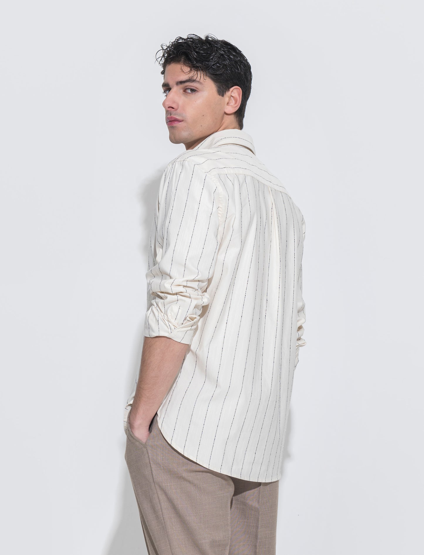 Camicia a righe in tessuto slub da uomo - Beige