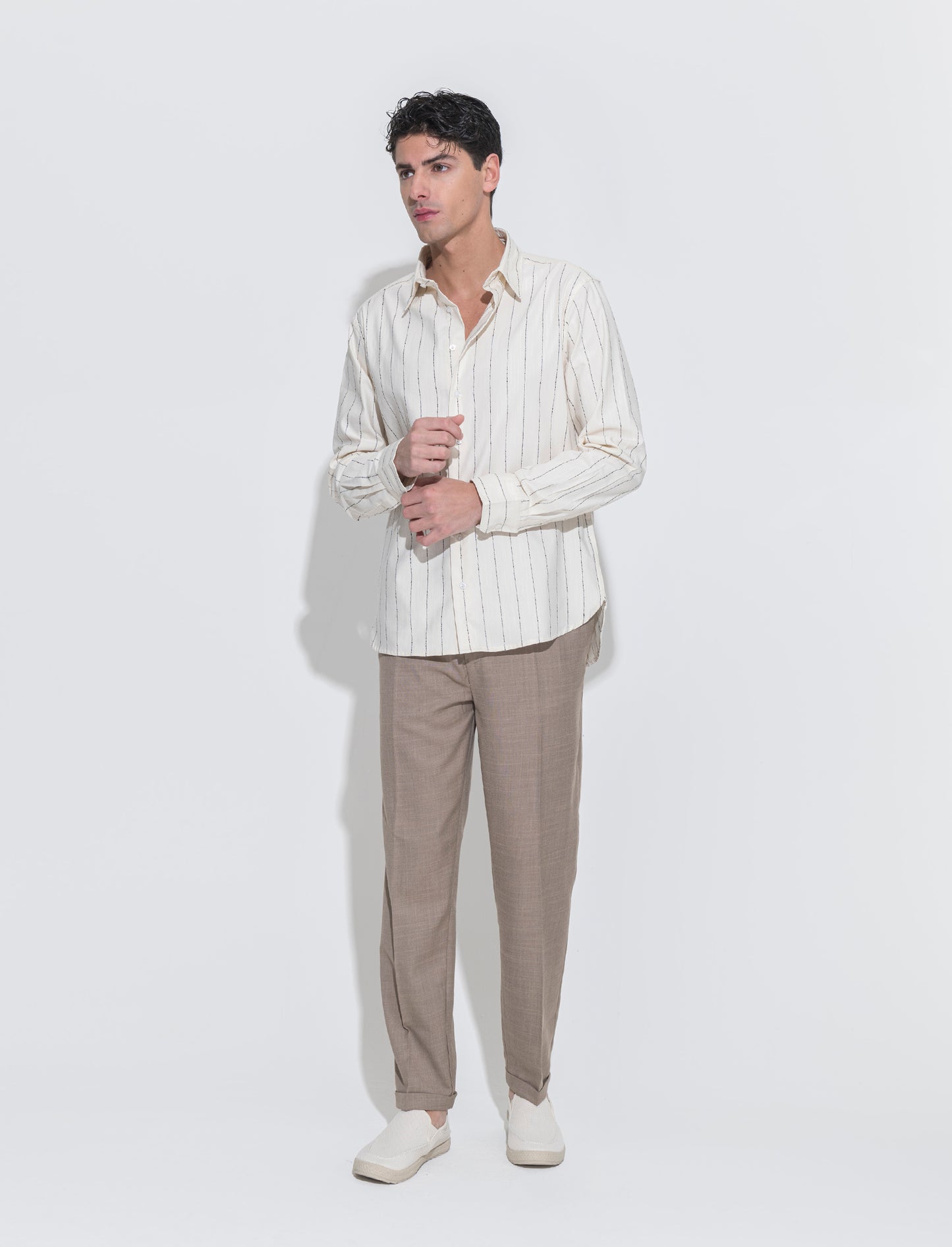 Camicia a righe in tessuto slub da uomo - Beige