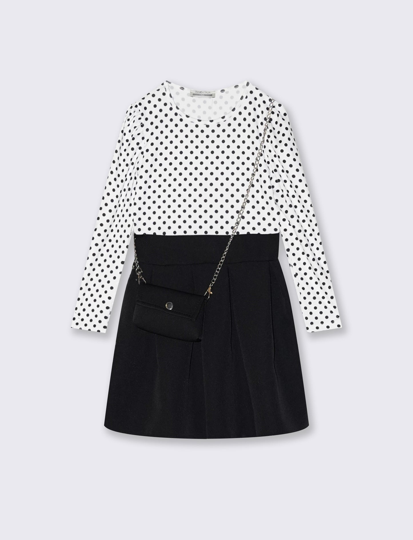 Abito a pois con gonna a contrasto e borsetta - Nero
