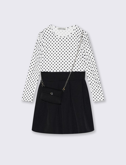 Abito a pois con gonna a contrasto e borsetta - Nero
