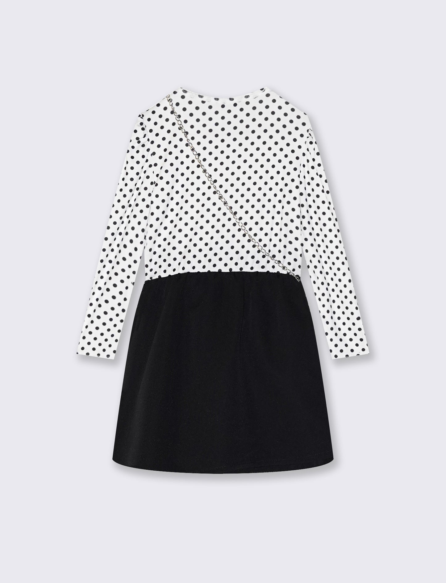 Abito a pois con gonna a contrasto e borsetta - Nero