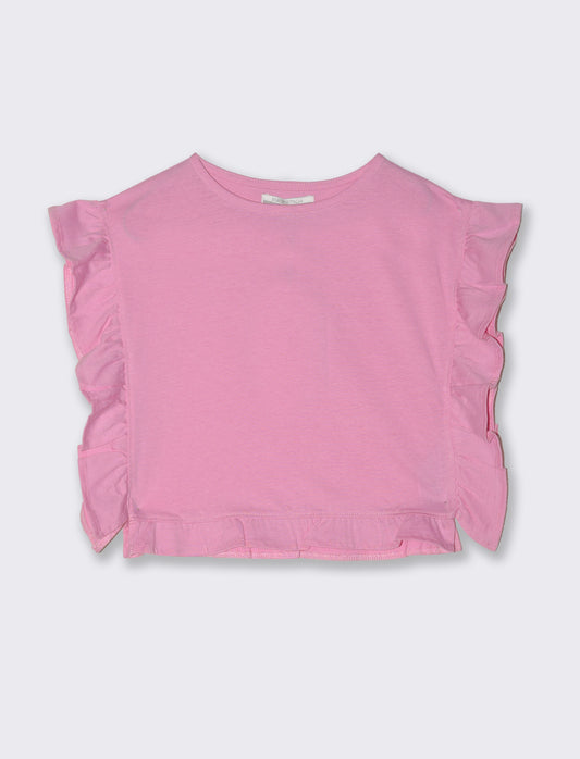 T-shirt in jersey con rouches da bambina - Fuxia